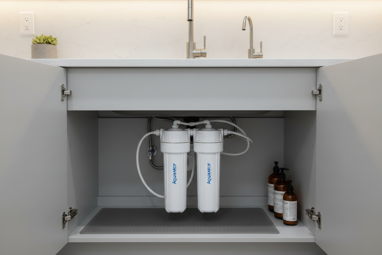 AquaMor 2-stage under-sink filter system installed under kitchen sink cabinet