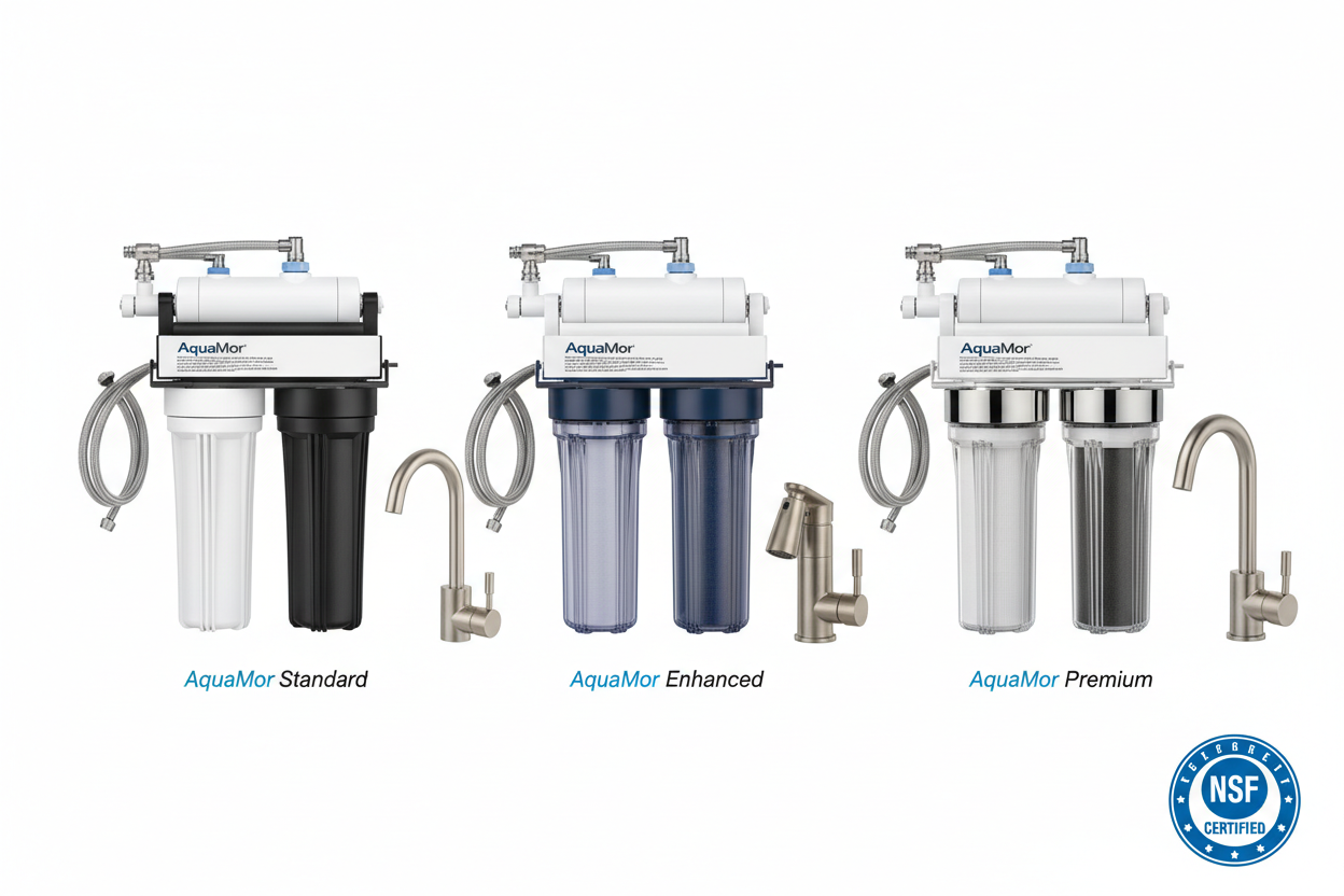 AquaMor 2-stage under-sink filter Standard, Enhanced, and Premium variants flat lay