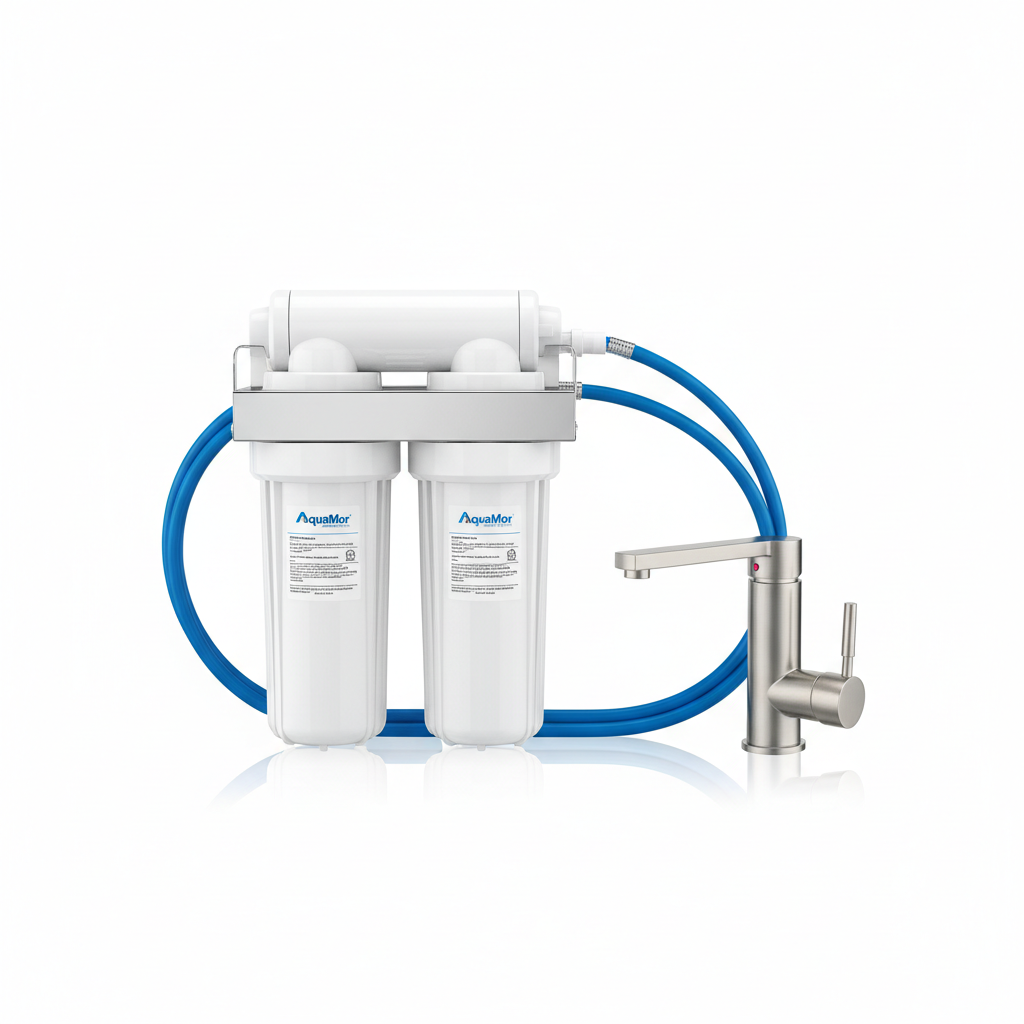 AquaMor 2-stage under-sink water filter system with brushed-nickel faucet on white background