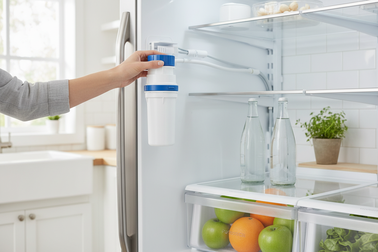 Hand installing ClearFlow filter into a French door refrigerator
